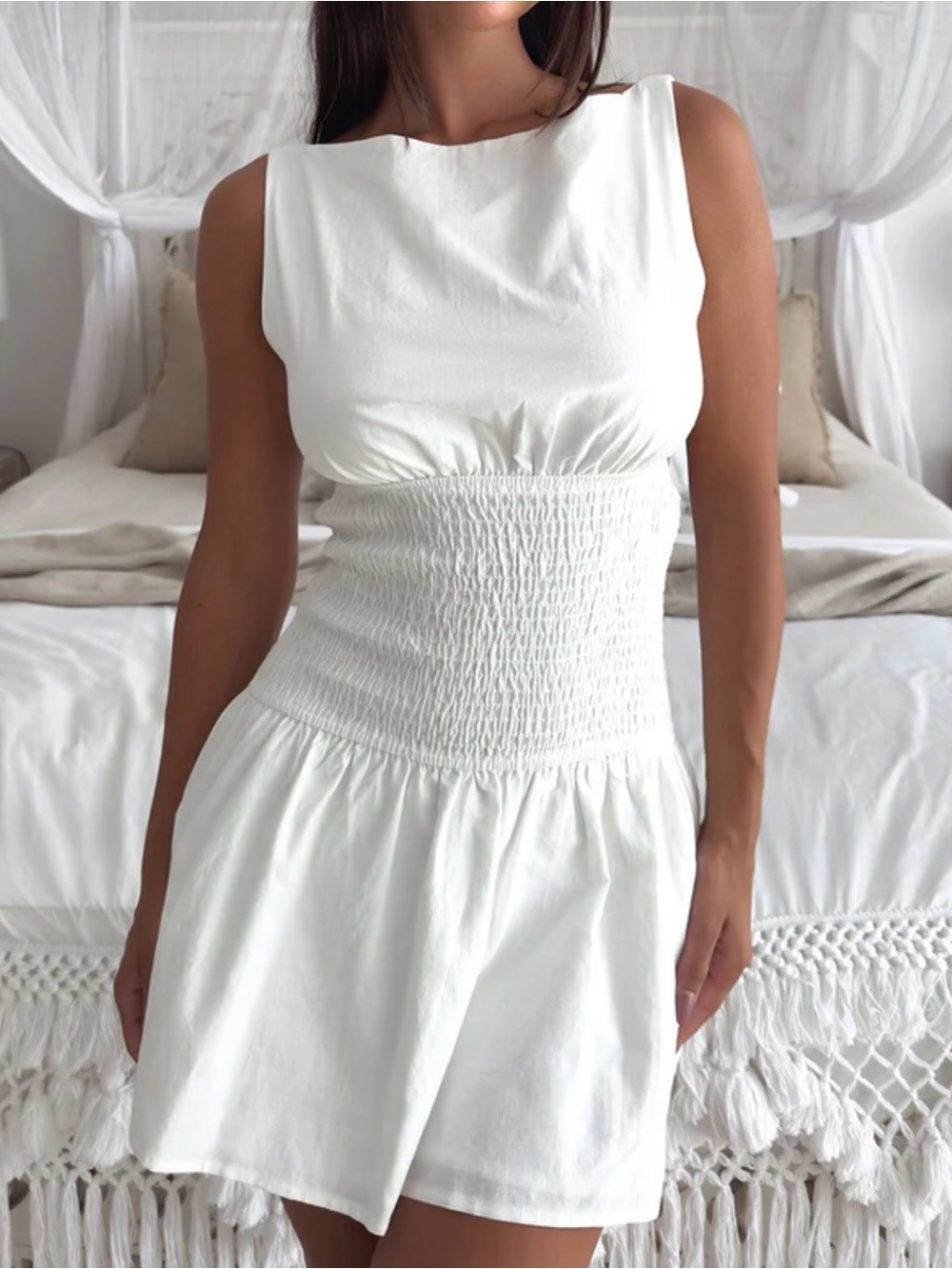 White Backless Smocked Waist Mini Dress